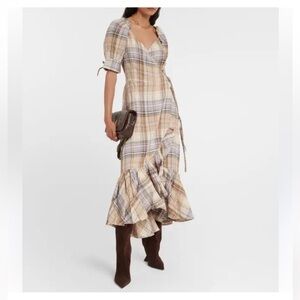 Polo Ralph Lauren Linen Wrap Midi Dress NWT Size 4 Plaid Ruffle Hem